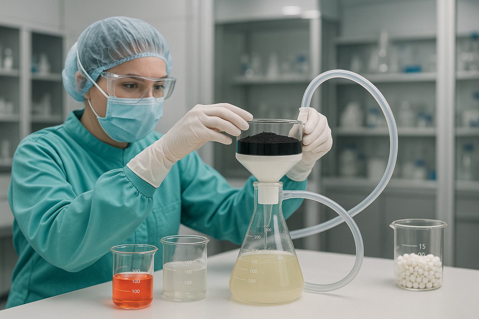 Activated carbon filtration system in pharmaceutical lab to purify compounds
